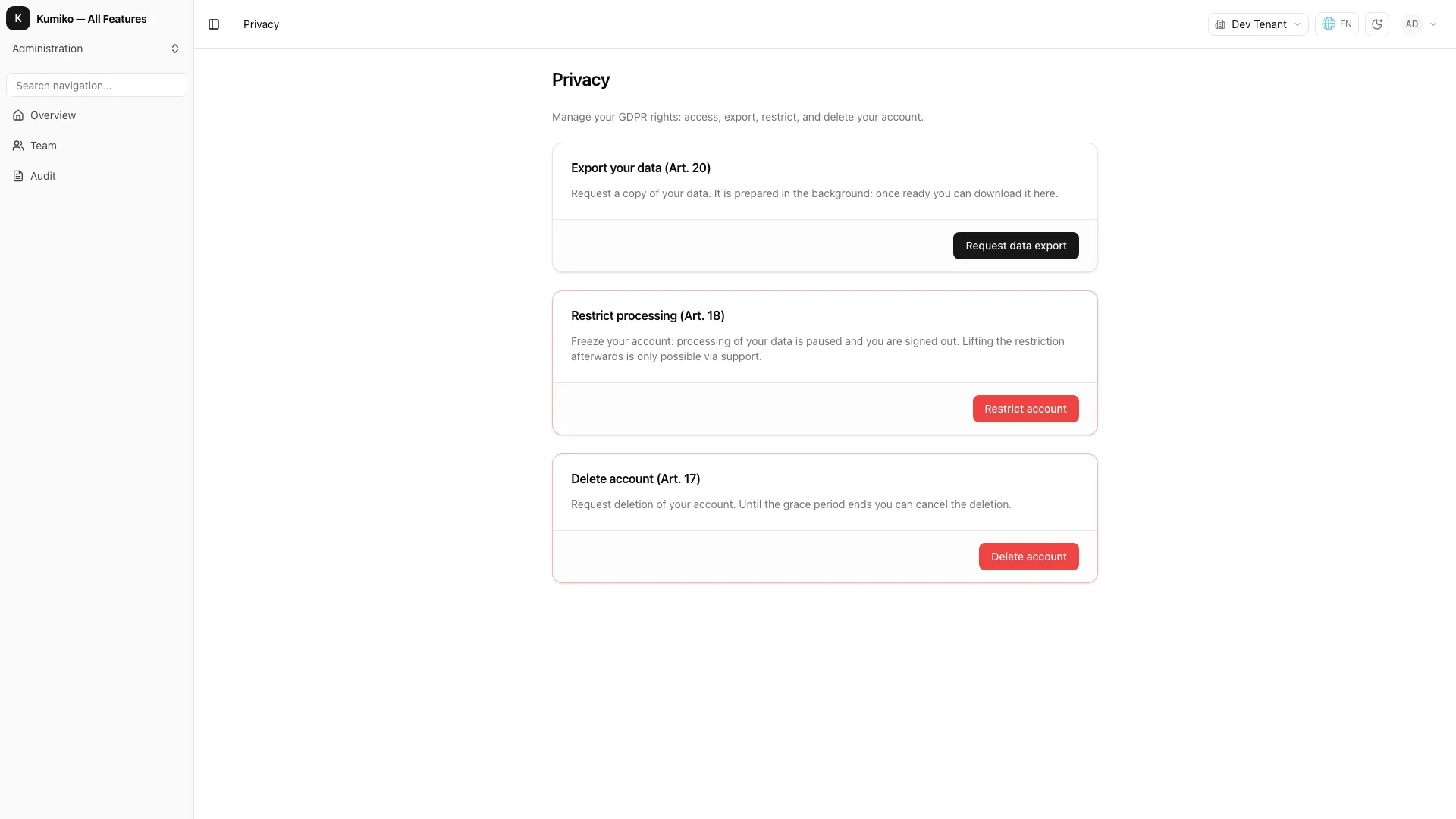 User Data Rights (GDPR Art. 15/17/20)