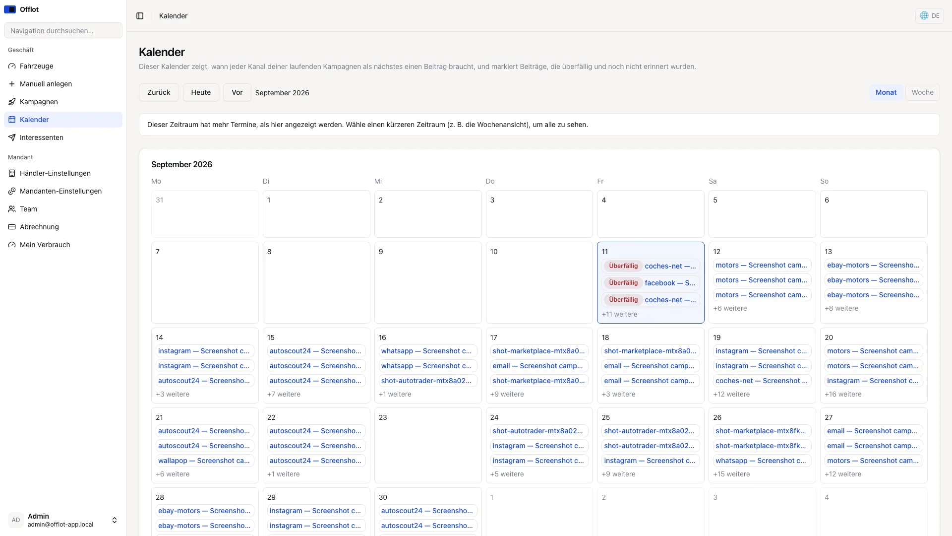 Offlot-Kampagnenkalender mit Aufgaben für verschiedene Kanäle