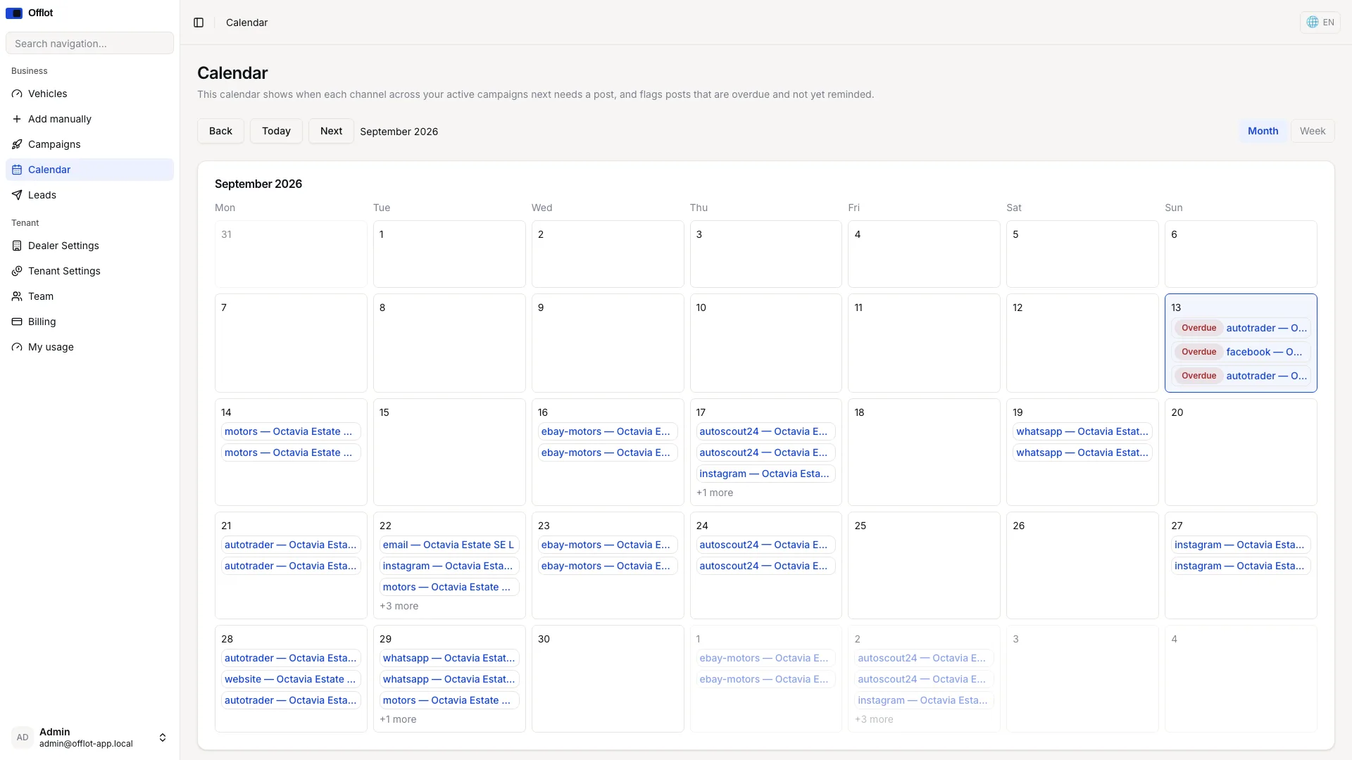 Offlot campaign calendar showing channel publishing tasks