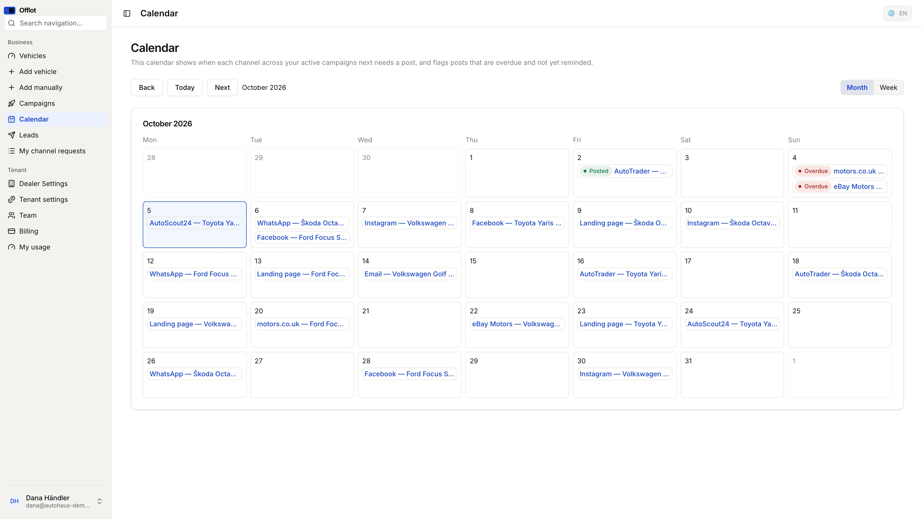 Offlot campaign calendar showing channel publishing tasks