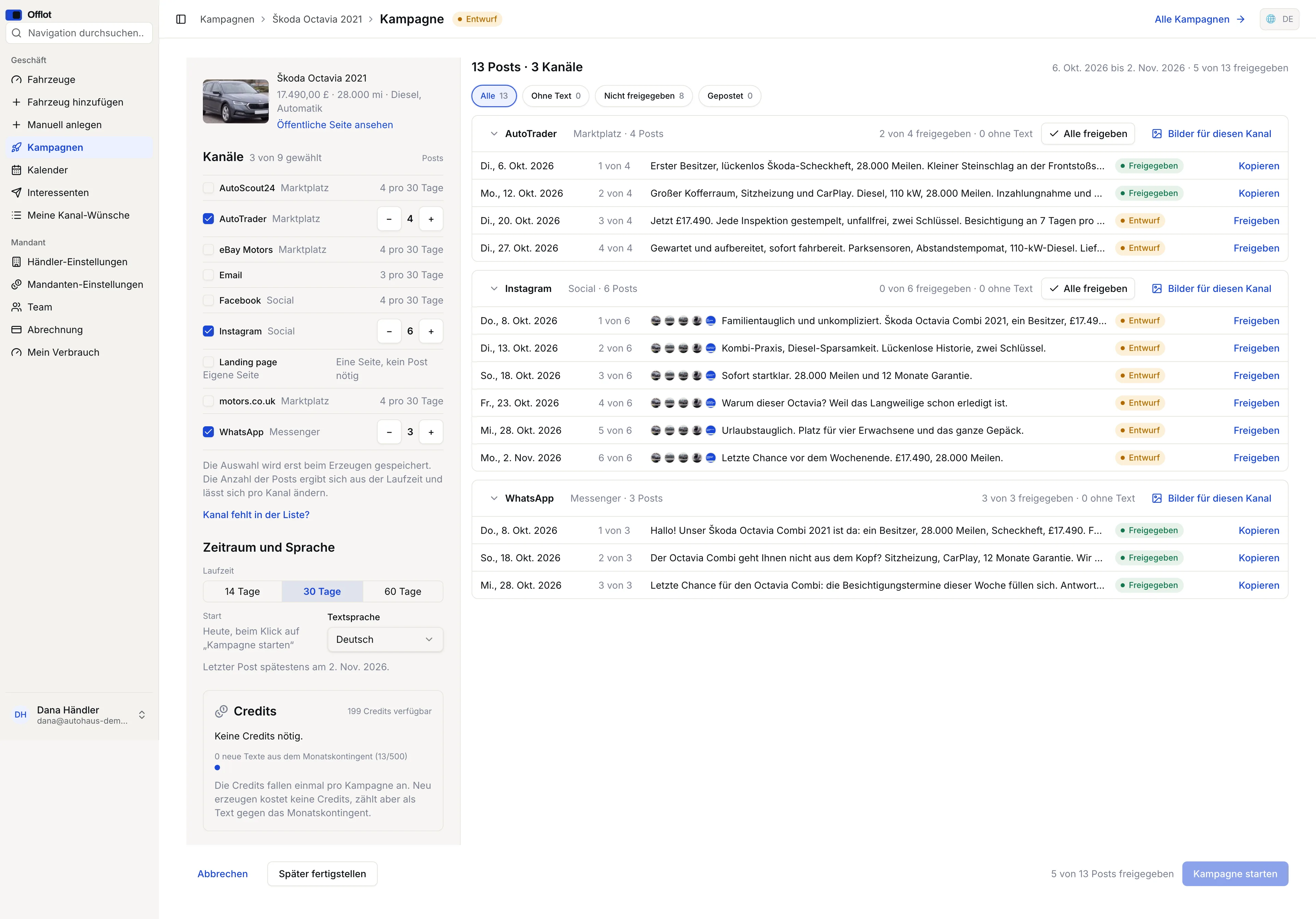 Offlot-Kampagnen-Composer: Kampagne für einen Škoda Octavia mit KI-generierten Posts für AutoTrader, Instagram und WhatsApp, Freigabe pro Post