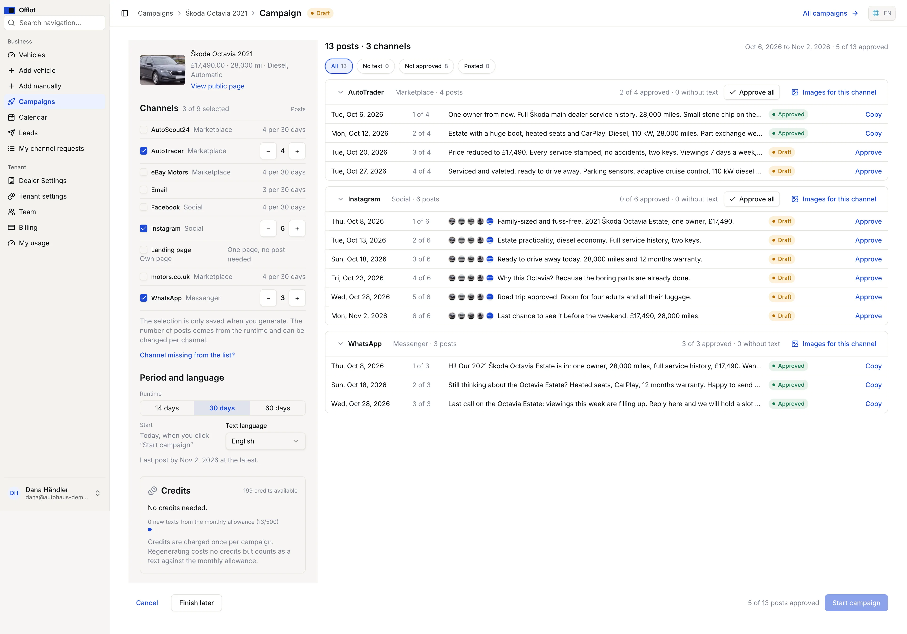 Offlot campaign composer: a campaign for a Škoda Octavia with AI-generated posts for AutoTrader, Instagram and WhatsApp, approved per post