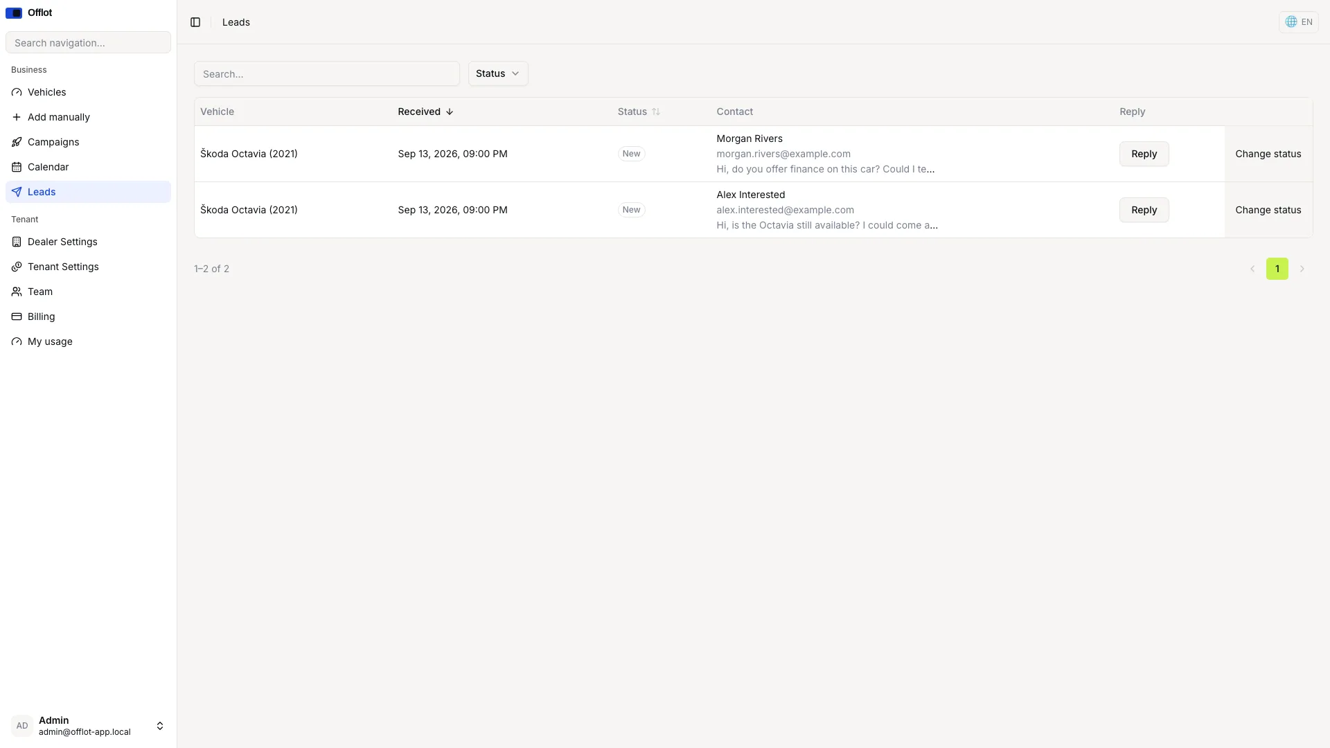 Offlot leads list showing enquiries connected to vehicles